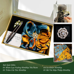 Set Quà HimHip Khăn Lụa Vuông 70x70cm & Cài Khăn, Trâm Cài Tóc Kèm Túi Hộp Thiệp - 642