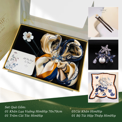 Set Quà HimHip Khăn Lụa Vuông 70x70cm & Cài Khăn, Trâm Cài Tóc Kèm Túi Hộp Thiệp - 640