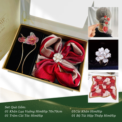 Set Quà HimHip Khăn Lụa Vuông 70x70cm & Cài Khăn, Trâm Cài Tóc Kèm Túi Hộp Thiệp - 639