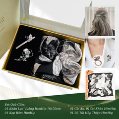 Set Quà HimHip Khăn Lụa Vuông 70x70cm & Cài Khăn, Cài Áo, Kẹp Tóc Kèm Túi Hộp Thiệp - 634