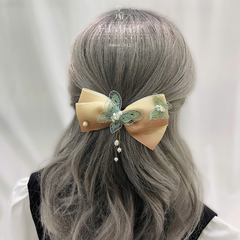 Kẹp Bối, Búi Lưới HimHip Mix Ngọc Trai Thật Nơ Nâu Nhạt Phối Bướm Thanh Lịch 12cm