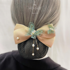 Kẹp Bối, Búi Lưới HimHip Mix Ngọc Trai Thật Nơ Nâu Nhạt Phối Bướm Thanh Lịch 12cm