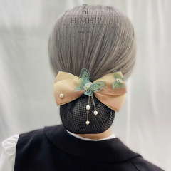 Kẹp Bối, Búi Lưới HimHip Mix Ngọc Trai Thật Nơ Nâu Nhạt Phối Bướm Thanh Lịch 12cm