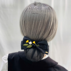 Kẹp Bối, Búi Lưới HimHip Mix Hạt Giả Trai Nơ Đen Phối Hoa Lá Thanh Lịch 8x14cm