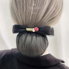 Kẹp Bối, Búi Lưới HimHip Đính Hạt Giả Trai Nơ Đen Charm Hoa Hồng Thanh Lịch 12cm