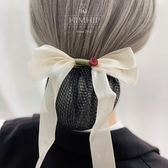 Kẹp Bối, Búi Lưới HimHip Phối Vải Voan Nơ Trắng Dây Dài Charm Hoa Hồng Thanh Lịch 13.5cm