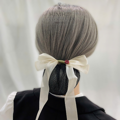 Kẹp Bối, Búi Lưới HimHip Phối Vải Voan Nơ Trắng Dây Dài Charm Hoa Hồng Thanh Lịch 13.5cm