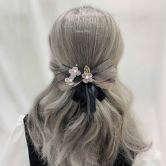 Kẹp Bối, Búi Lưới HimHip Mix Hạt Giả Trai Nơ Xám Phối Hoa 4 Cánh Thanh Lịch