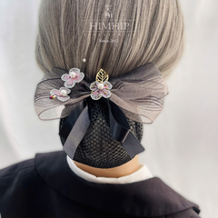 Kẹp Bối, Búi Lưới HimHip Mix Hạt Giả Trai Nơ Xám Phối Hoa 4 Cánh Thanh Lịch