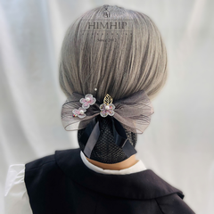 Kẹp Bối, Búi Lưới HimHip Mix Hạt Giả Trai Nơ Xám Phối Hoa 4 Cánh Thanh Lịch