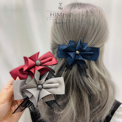 Kẹp Bối, Búi Lưới HimHip Phối Vải Trơn Tạo Hình Bó Hoa Thanh Lịch 7x12cm