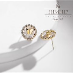 Khuyên Tai Nụ HimHip Mặt Tròn Cánh Bướm Vàng Sang Trọng HKCC Đính Phale, Khảm Trai 1*1cm Phụ Kiện Áo Dài