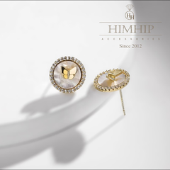 Khuyên Tai Nụ HimHip Mặt Tròn Cánh Bướm Vàng Sang Trọng HKCC Đính Phale, Khảm Trai 1*1cm Phụ Kiện Áo Dài