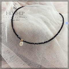 Set Choker HimHip Dây Phale Đen 2ly Phối Mặt Ngọc Trai Thật Mix Dây Trơn Thanh Lịch 32+7cm