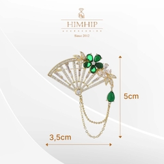 Trâm, Ghim Cài Áo HimHip Chiếc Quạt Gắn Hoa Xanh Sang Trọng HKCC Đính Phale 3,5*5cm