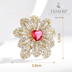 Trâm, Ghim Cài Áo HimHip Hoa Nhụy Đỏ Trái Tim Thanh Lịch Đính Phale 3,6*3,5cm