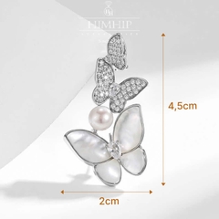 Trâm, Ghim Cài Áo HimHip Đôi Bướm Khảm Trai Sang Trọng HKCC Mix Trai Thật 2*4,5cm