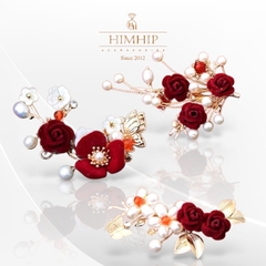 Trâm, Ghim Cài Áo HimHip Hoa Hồng Nhung Đỏ Handmade Sang Trọng HKCC Mix Trai 4,5*7cm