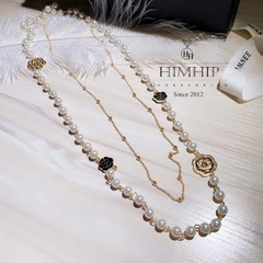 Vòng Cổ Thời Trang HimHip Hạt Giả Trai Mix Mặt Hoa Hồng HKCC Sang Trọng 88-80cm Phụ Kiện Áo Dài