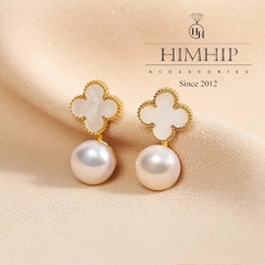 Khuyên Tai Hợp Kim Cao Cấp Hoa 4 Cánh Trắng Mix Ngọc Trai Thật Quý Phái 2cm