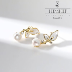 Khuyên Tai Ngắn HimHip Cánh Bướm Sang Trọng HKCC Đính Phale, Ngọc Trai Thật 2.8x1.2cm