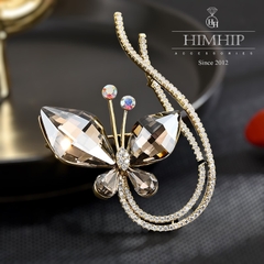 Trâm, Ghim Cài Áo HimHip Bướm Xám Sang Trọng HKCC Đính Phale 4*6cm