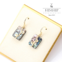 Khuyên Tai Ngắn HimHip Hình Chữ Nhật Họa Tiết Xoắn Sang Trọng HKCC Mix Khảm Trai 3x1.2cm