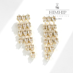 Khuyên Tai Ngắn HimHip Tua Dua 3 Sợi Sang Trọng HKCC Đính Phale 3.5x1cm