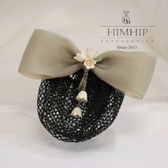 Kẹp Bối, Búi Lưới HimHip Nơ Voan Mềm Hai Lớp Gắn Chùm Hoa Chuông 12x4cm