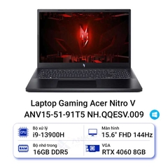Laptop Acer Gaming Nitro V ANV15-51-91T5 NH.QQESV.009 (Intel Core i9-13900H | RTX 4060|16GB | 512GB | | 15.6 inch FHD | Win 11 | Đen)