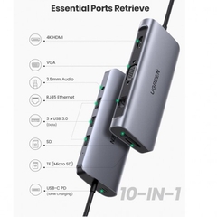 Cổng chuyển USB Type C 10 in 1 tích hợp HDMI, VGA, 3.5mm, Lan, USB, Đọc Thẻ, Sạc USB C PD Ugreen 80133