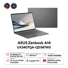 Laptop Asus Zenbook 14 UX3407QA-QD347WS (Snapdragon X X1 26 100/ 16GB/ 512GB SSD/ 14 inch WUXGA/ Win 11/ Office/ Xám/ Vỏ nhôm)