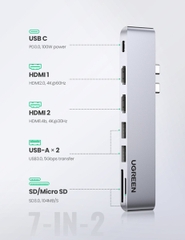 Hub USB Type C to 2 HDMI, USB 3.0, đọc thẻ SD/TF hỗ trợ sạc USB C Ugreen 80548