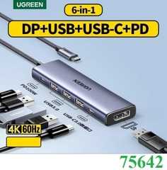 Hub 6 in 1 USB-C sang Displayport, USB-A 3.0 x3, USB-C x1, sạc PD 100W hỗ trợ 4K/60Hz Ugreen 75642