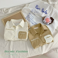 Áo sơ mi ngắn tay bé trai đáp túi chữ Plastic vintage chất thô đũi mềm cho bé 1 đến 7 tuổi BERNIE
