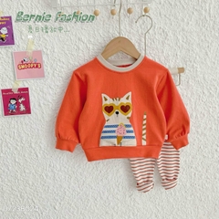 Bộ quần áo thun dài tay quần legging cho bé gái họa tiết mèo cam 1 đến 7 tuổi BERNIE kids 0723B024