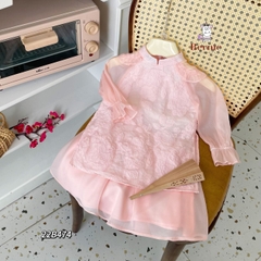 Áo dài tết, áo dài cách tân bé gái chất voan xốp hoa nổi BERNIE cho bé từ 9 đến 24kg