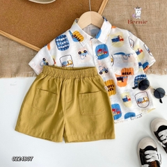 Set sơ mi tơ đũi cho bé trai đi biển đi chơi áo họa tiết hoa lá cây dừa nổi bật kèm quần BERNIE