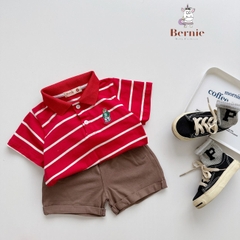 Áo thun polo có cổ cho bé trai phong cách hàn quốc kẻ sọc hình thêu gấu 1 đến 7 tuổi BERNIE 0224A09