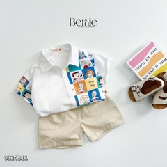 Set sơ mi họa tiết hoạt hình cho bé trai kèm quần short kaki ngắn đi chơi đi học 1 đến 7t BERNIE 0324B11