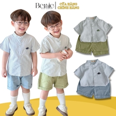 Set sơ mi tay ngắn cổ trụ kẻ sọc thêu khủng long và cá sấu cho bé trai 9kg tới 25kg Bernie 1223B025