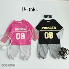 Set bộ thun dài tay cotton phối tay sọc in chữ số cho bé trai bé gái đi chơi đi học 1đến 7tuổi BERNIE 0524B35
