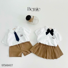Set đồ sơ mi ngắn tay đồng phục đôi cho bé trai bé gái kèm cà vạt nơ đi học đi chơi 11 tới 28kg BERNIE 0724B41G