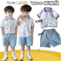 Set đồ thun bé trai polo áo ngắn phông màu trắng quần kaki mềm họa tiết thuyền 1 đến 7 tuổi BERNIE 1223B010T