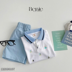 Set đồ thun bé trai polo áo ngắn phông màu trắng quần kaki mềm họa tiết thuyền 1 đến 7 tuổi BERNIE 1223B010T