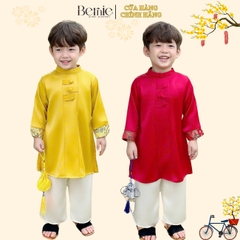 Áo dài bé trai kèm quần bé trai lụa gân màu đỏ màu vàng phối gấm rồng BERNIE bé từ 9 đến 24kg 22b490