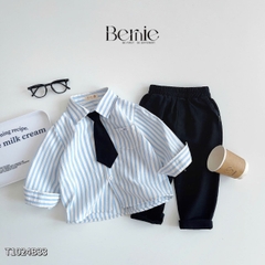 Set bộ sơ mi kẻ tay dài phối cà vạt kèm quần kaki dài cho bé trai 1 đến 7 tuổi BERNIE 0624B28