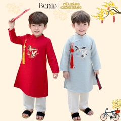 Áo dài cách tân bé trai mặc tết chất tafta thêu hạc màu xanh màu đỏ size 10 đến 25kg BERNIE 0824B37