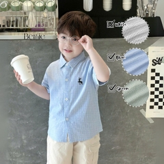 Áo sơ mi tay ngắn họa tiết caro màu trắng xanh phối hình thêu hươu size từ 9 tới 28kg BERNIE T0124A24