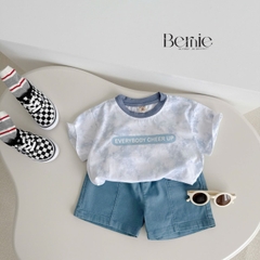Set bộ loang tay ngắn cho bé trai họa tiết in chữ áo thun phối màu kèm quần short jean size 9 đến 28kg BERNIE H1124B83